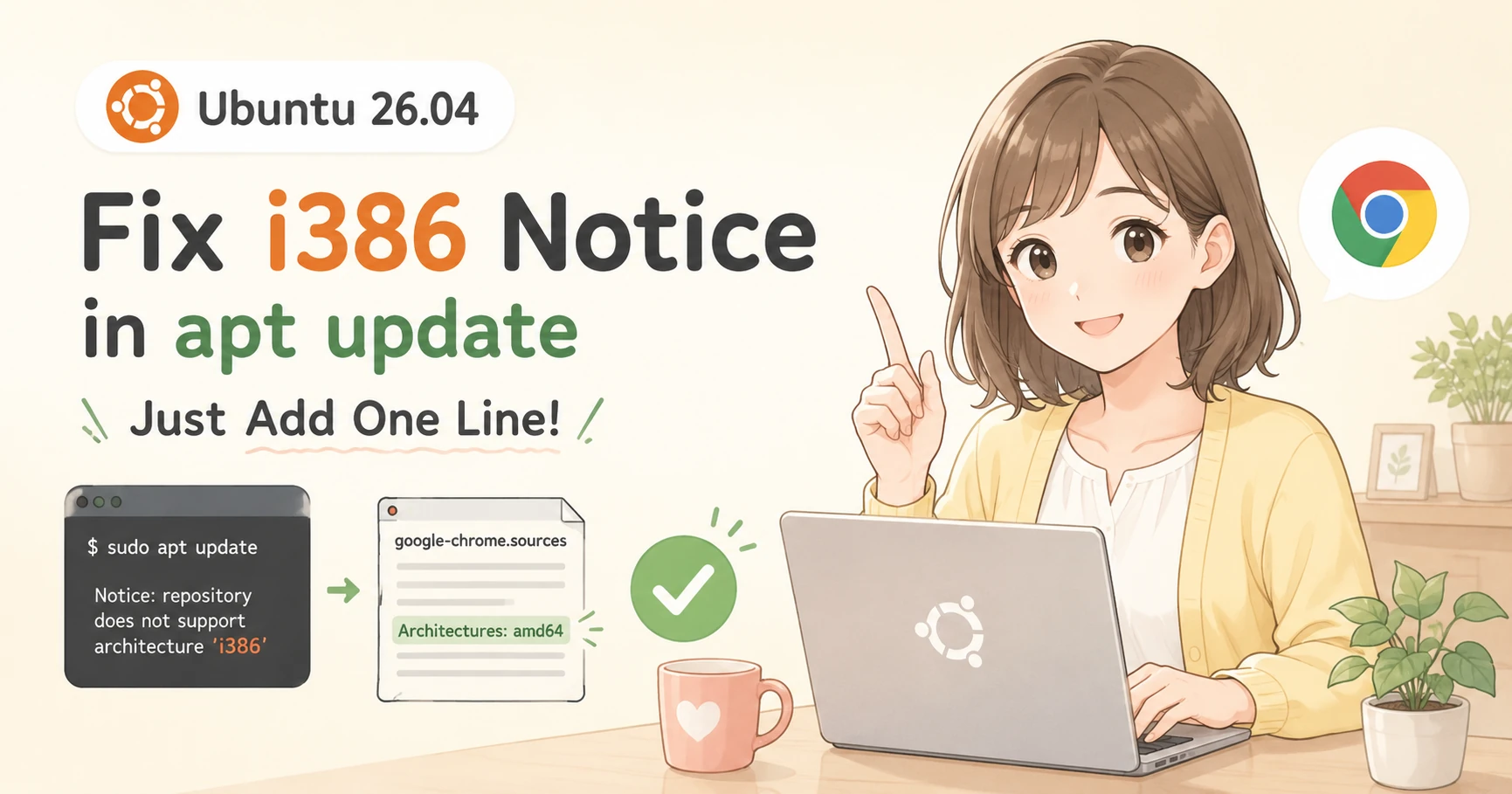 Ubuntu 26.04でapt updateのi386警告が出た話｜Google Chromeのリポジトリ設定を1行直すだけ
